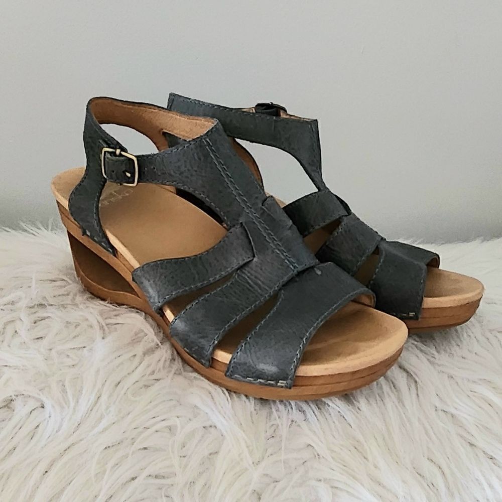 Dansko EU size 39 women's open toe sandal wedge heel with opening blue gray